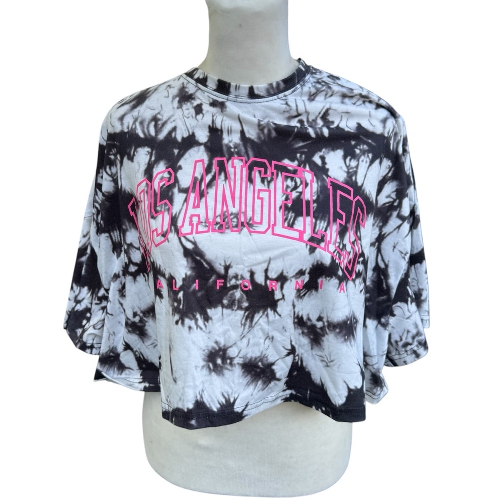 SHEIN Black White Tie Dye California Oversized Streetwear Crop Top Tshirt Tee L